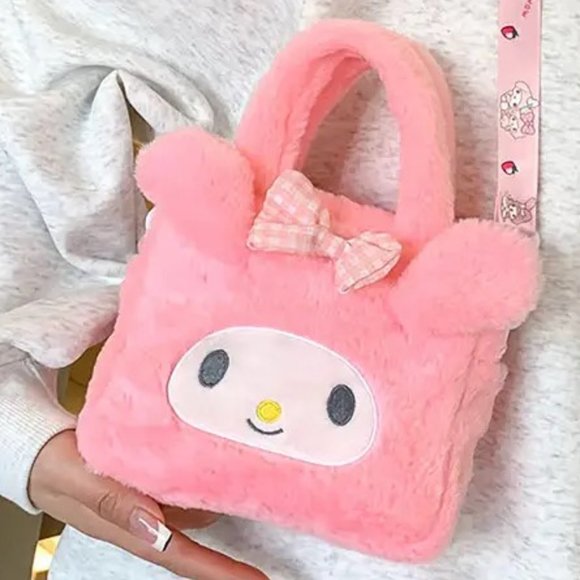 My Melody Plush Crossbody Bag Purse Sanrio Adjustable Strap Fuzzy Hello Kitty - Picture 2 of 3